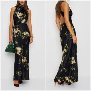 NEW Reformation Anaiis Silk Long Black Floral Backless Dress Mood for Love US 0
